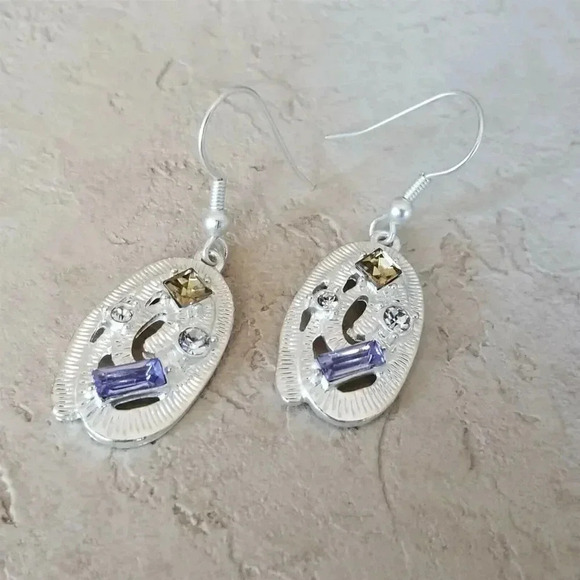 Art Nouveau Sterling Silver Plated Oval Topaz Blue Clear Crystal Dangle Earrings - Picture 2 of 5